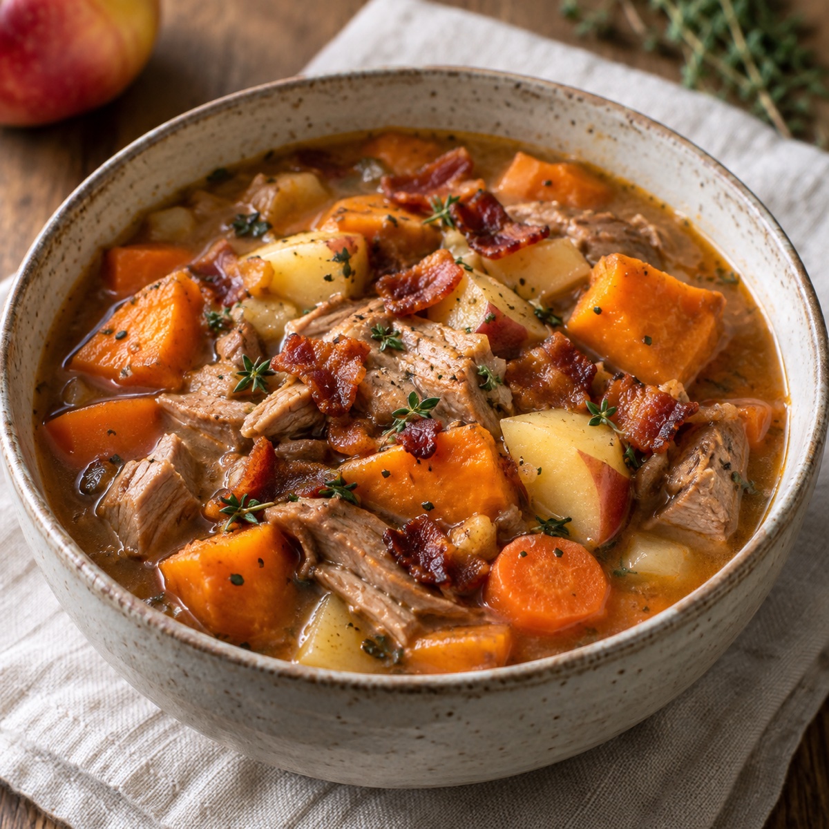 Hearty pork and sweet potato soup with apple, carrots, and bacon