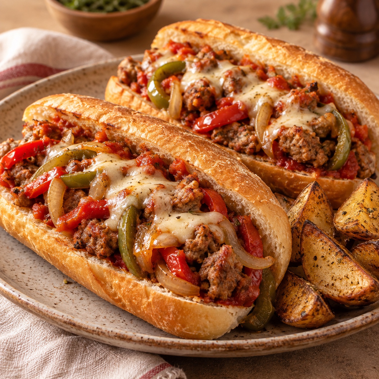 A finished serving of Pork Sausage and Pepper Sandwiches