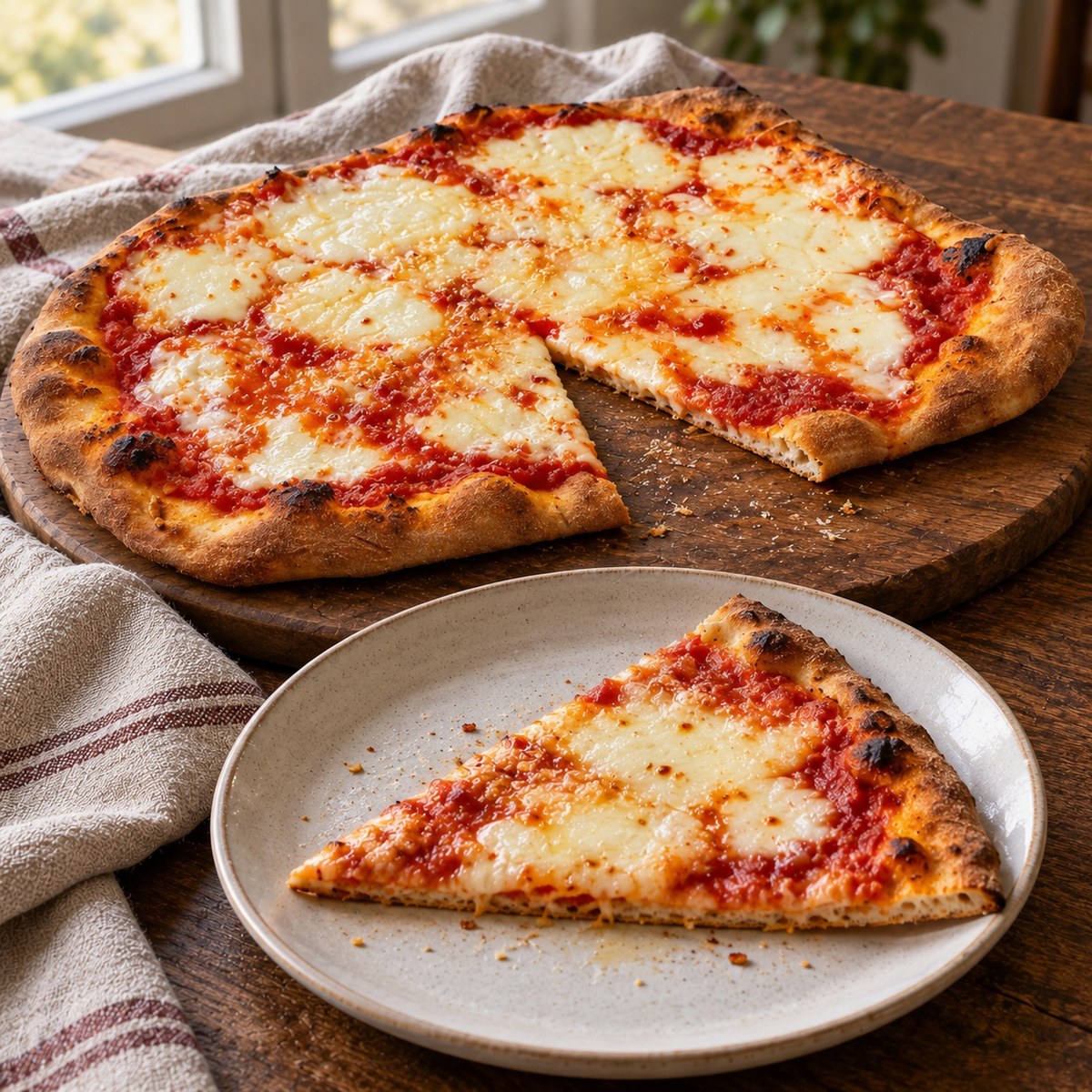 Thin cheese pizza on a wooden board with a slice on a cream plate, showing browned crust, mozzarella, and tomato sauce