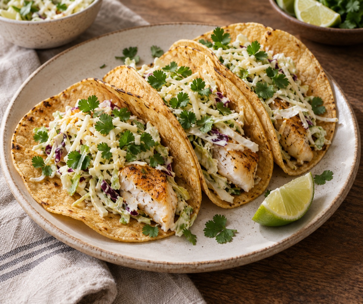 Baja fish tacos with flaky white fish, creamy cilantro slaw, shredded cheese, and lime
