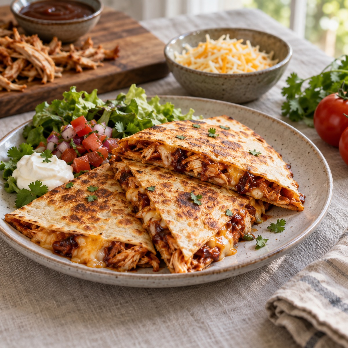 A finished serving of BBQ Chicken Quesadillas