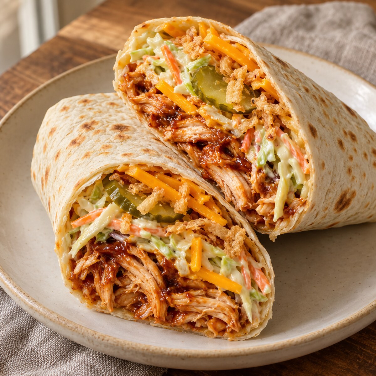BBQ chicken wraps with tangy cabbage-carrot slaw, cheddar, dill pickles, and crispy onions
