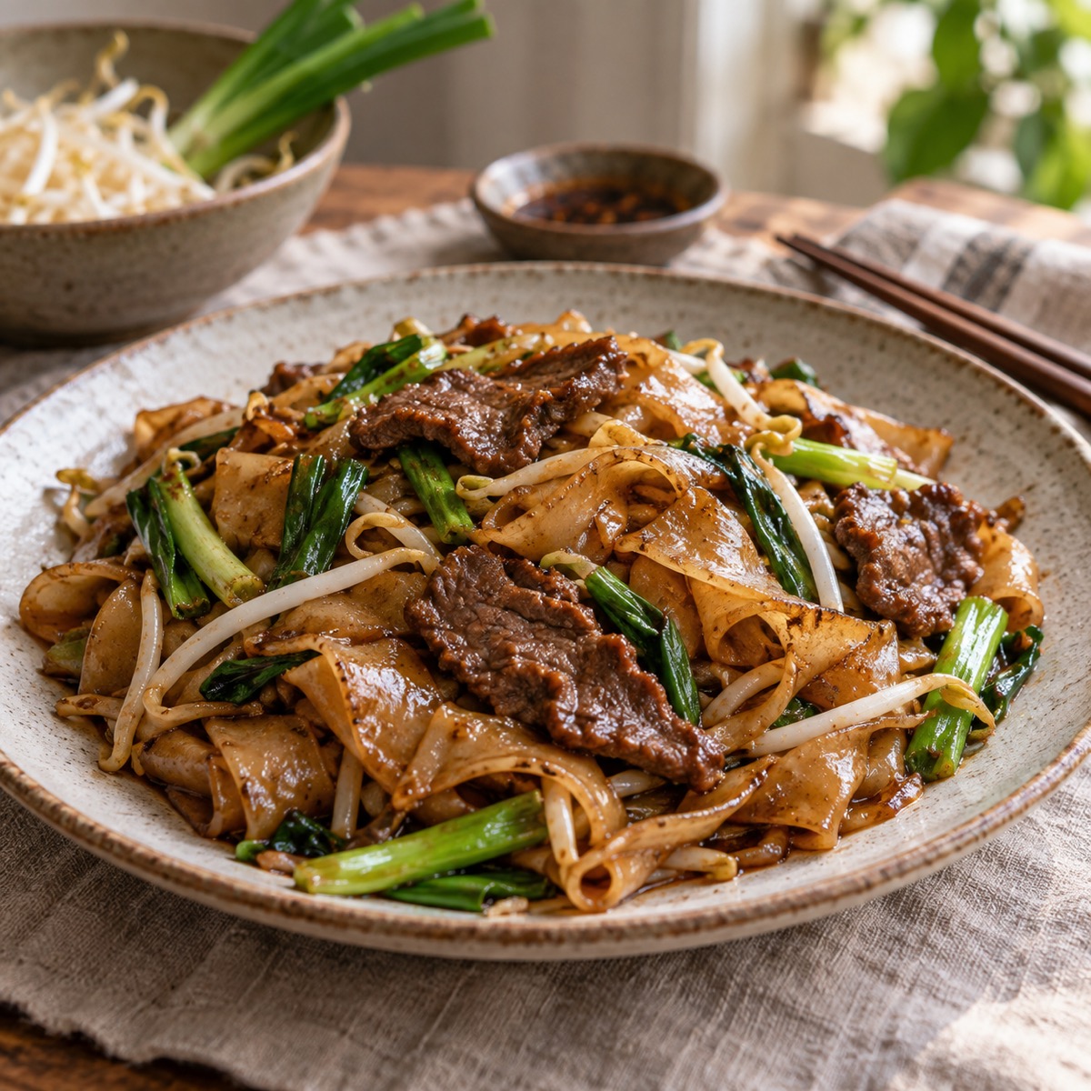 A finished serving of Beef Chow Fun