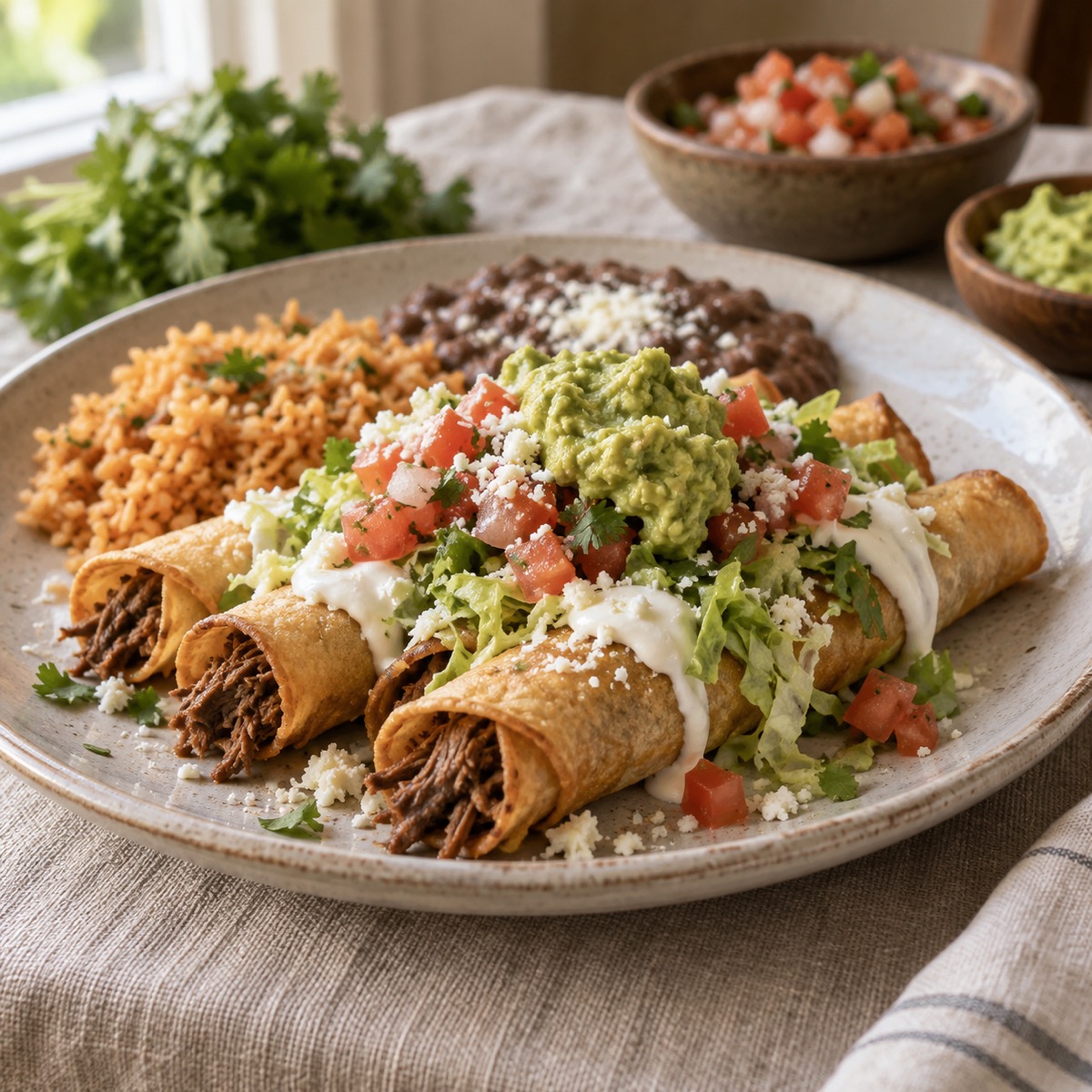 A finished serving of Beef Flautas Supreme