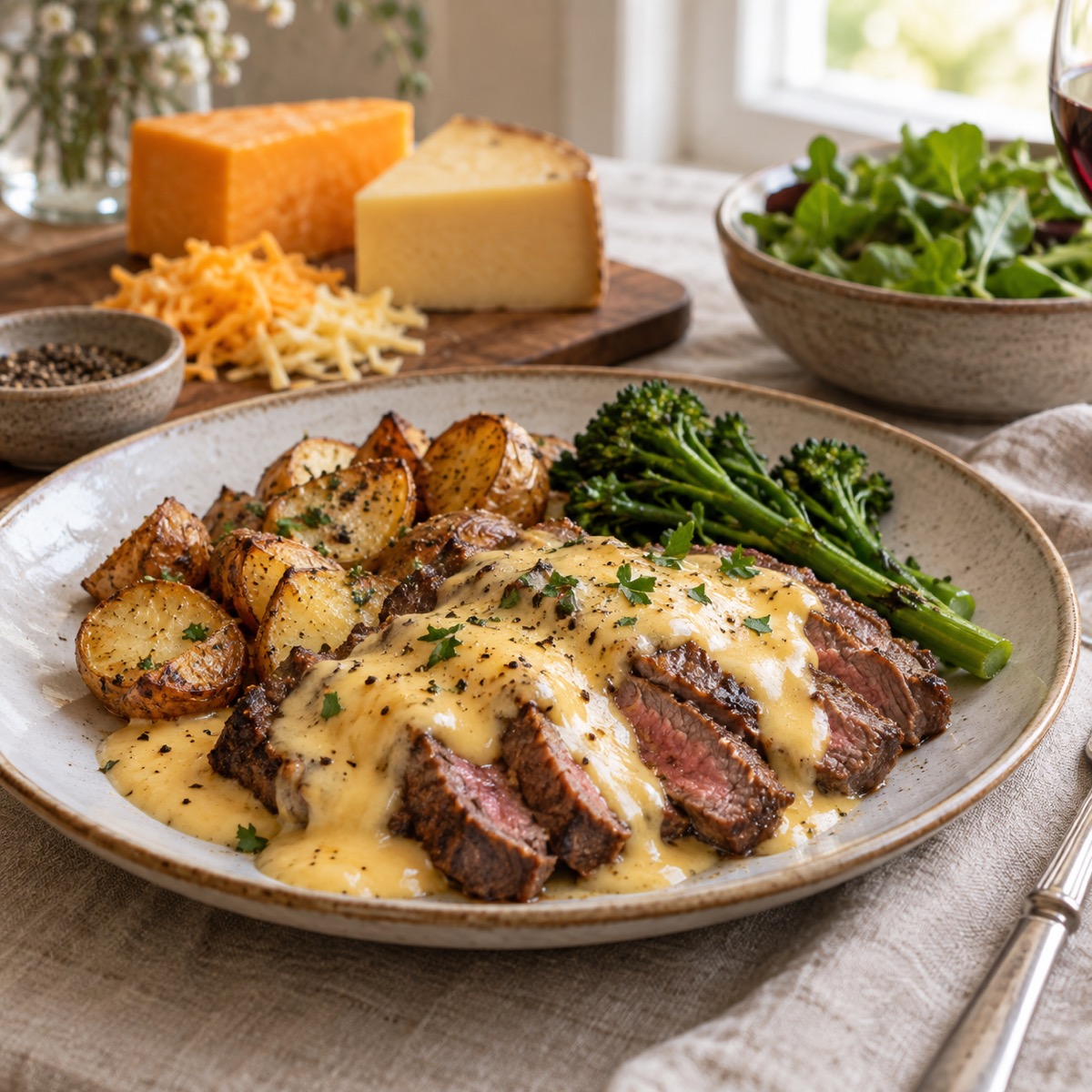 A finished serving of Beef with Cheddar-Gouda Fondue