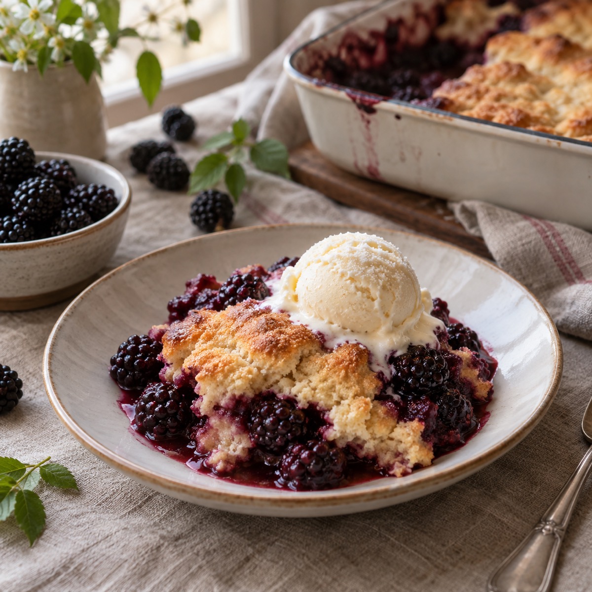 A finished serving of Blackberry Cobbler