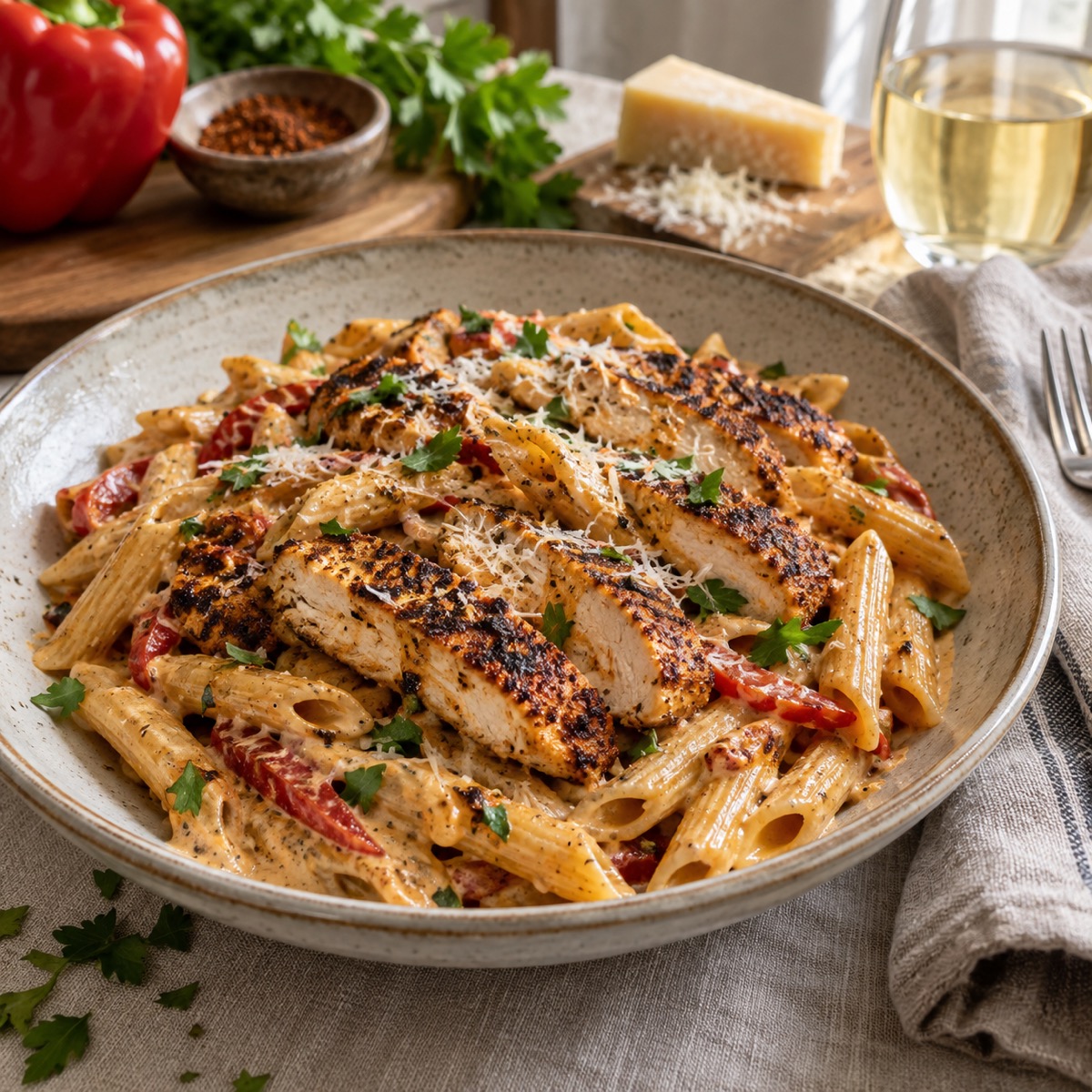 A finished serving of Blackened Chicken Penne