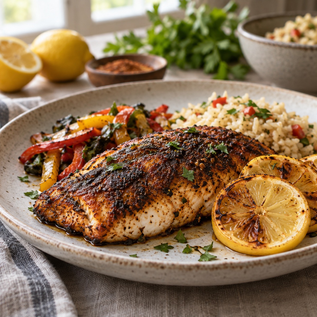 A finished serving of Blackened Grouper