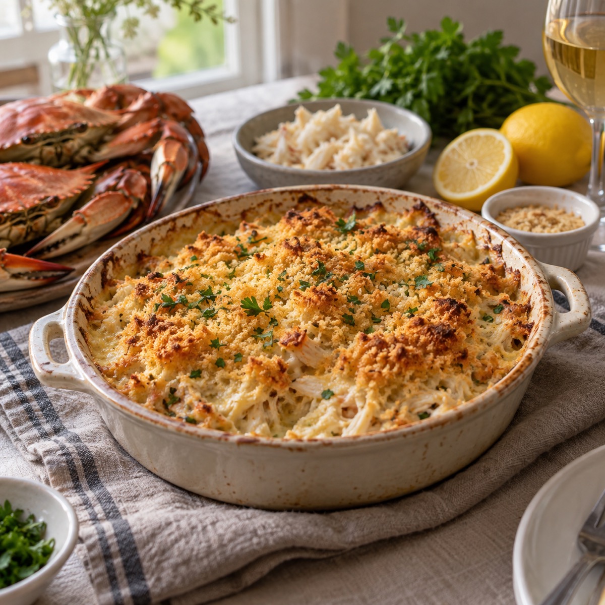 A finished serving of Blue Crab Gratin