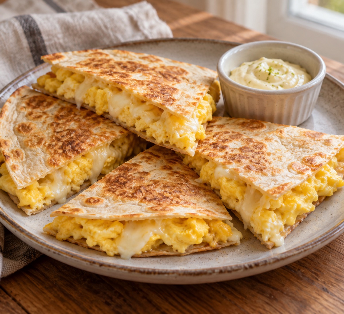 Finished breakfast quesadillas cut open to show scrambled eggs and melted cheese