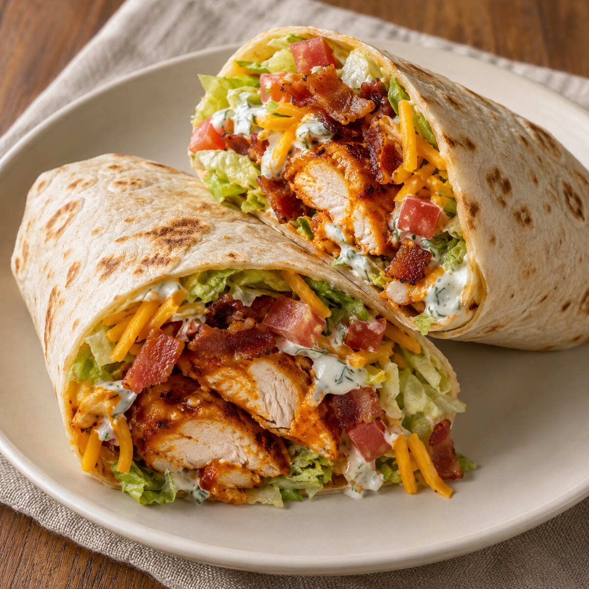 Buffalo chicken wraps with bacon, cheddar, romaine, tomato, and herb ranch