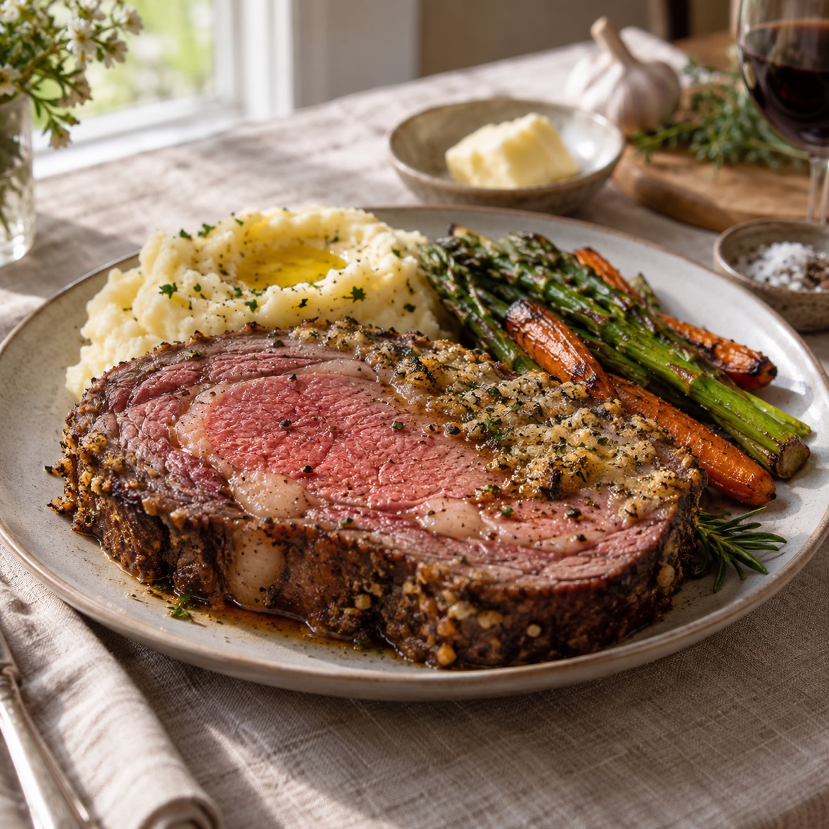 A finished serving of Butter-Crusted Boneless Prime Rib