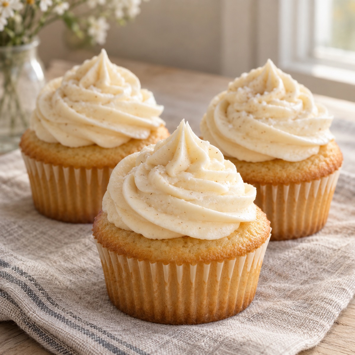 Buttermilk vanilla cupcakes with swirls of salted brown-butter cream cheese frosting