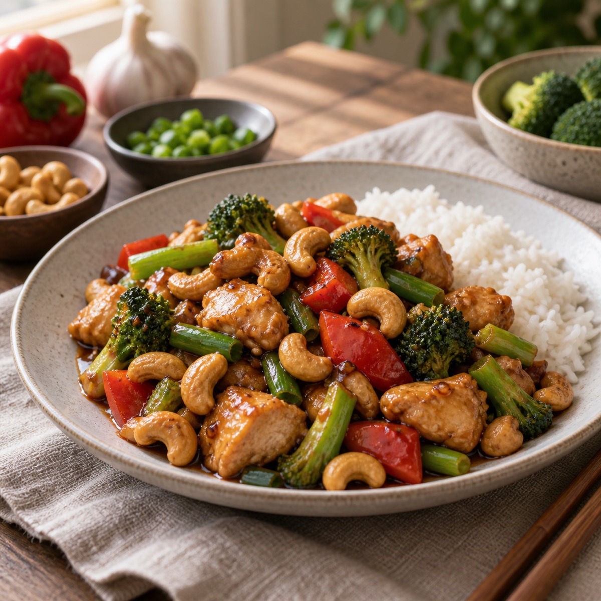 A finished serving of Cashew Chicken Stir-Fry
