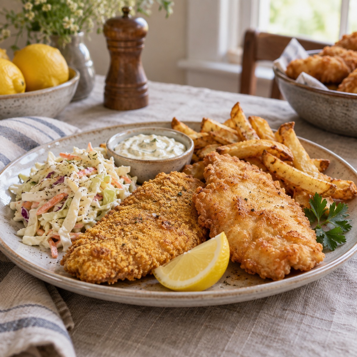 Crispy Andy's Red and Yellow catfish nuggets with lemon and tartar sauce