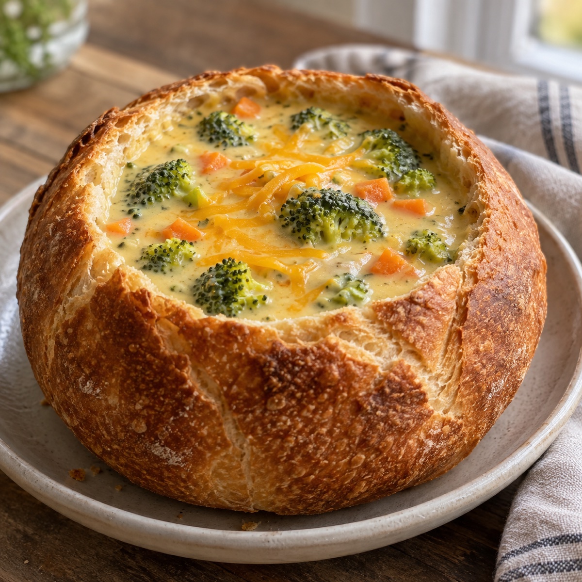 Cheesy broccoli soup with carrot served in a round bread bowl