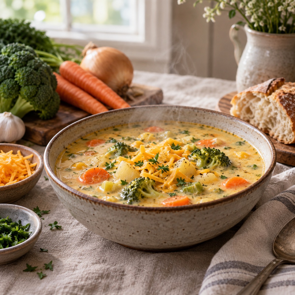 A finished serving of Cheesy Vegetable Soup