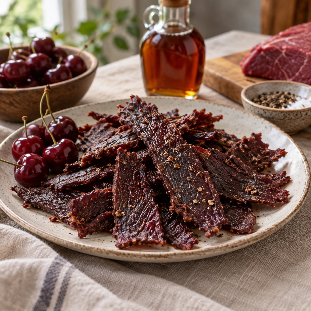 A finished serving of Cherry-Maple Beef Jerky