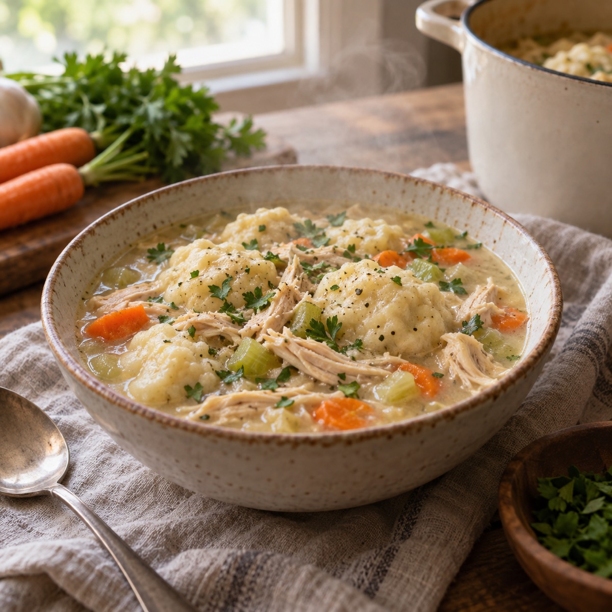 A finished serving of Chicken and Dumplings