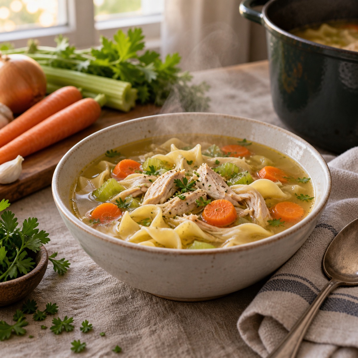 A finished serving of Chicken Noodle Soup