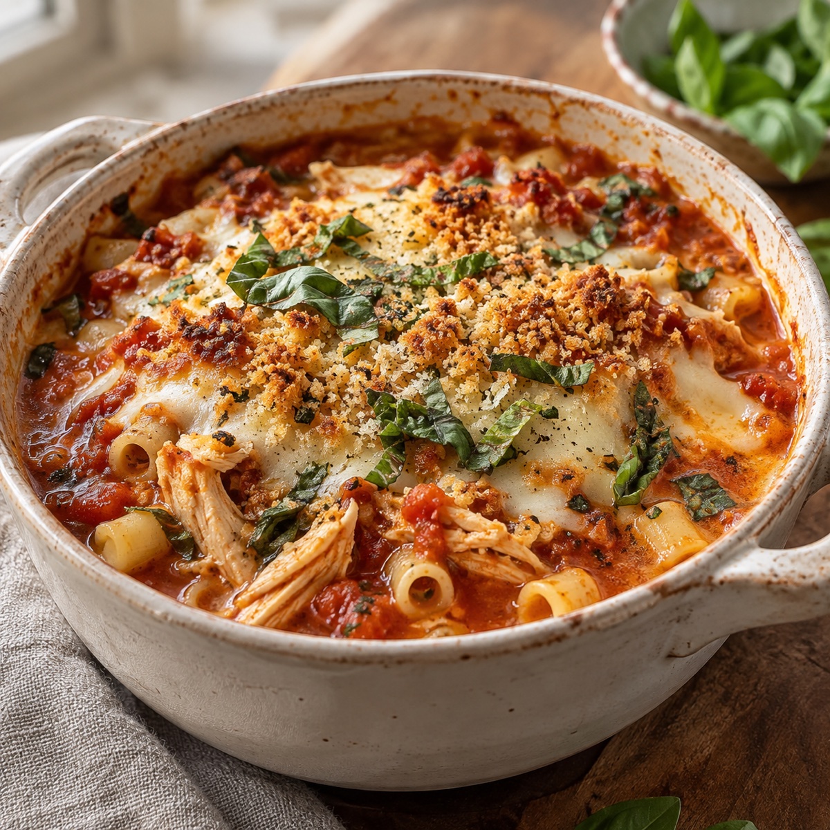 Chicken Parmesan soup with tomato broth, pasta, melted mozzarella, and crispy crumbs