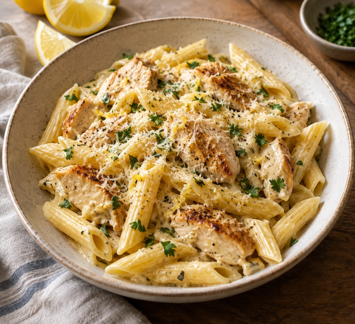 Creamy lemon penne with chicken, sautéed zucchini, Parmesan, herbs, and lemon wedges