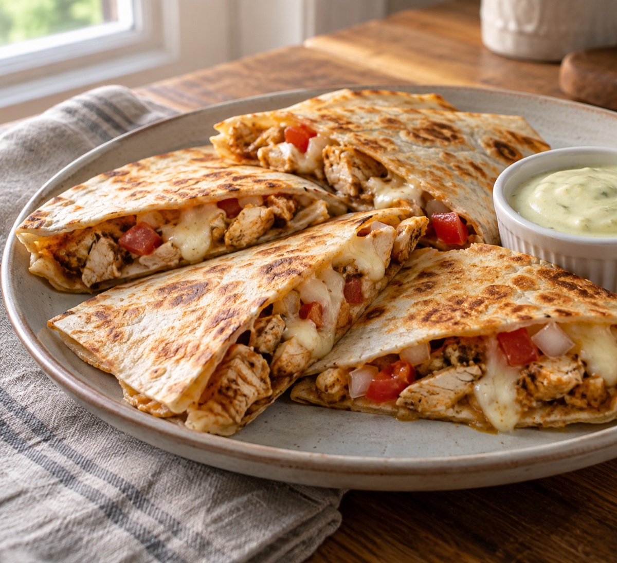 Finished chicken quesadillas cut open to show chicken, pico de gallo, and melted cheese