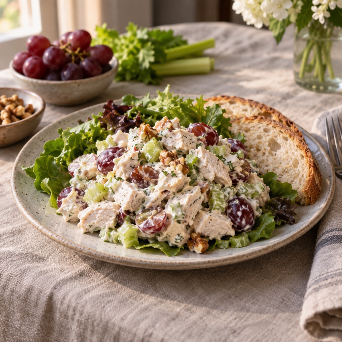 A finished serving of Chicken Salad with Grapes