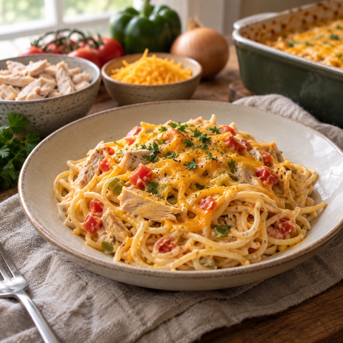 A finished serving of Classic Southern Chicken Spaghetti
