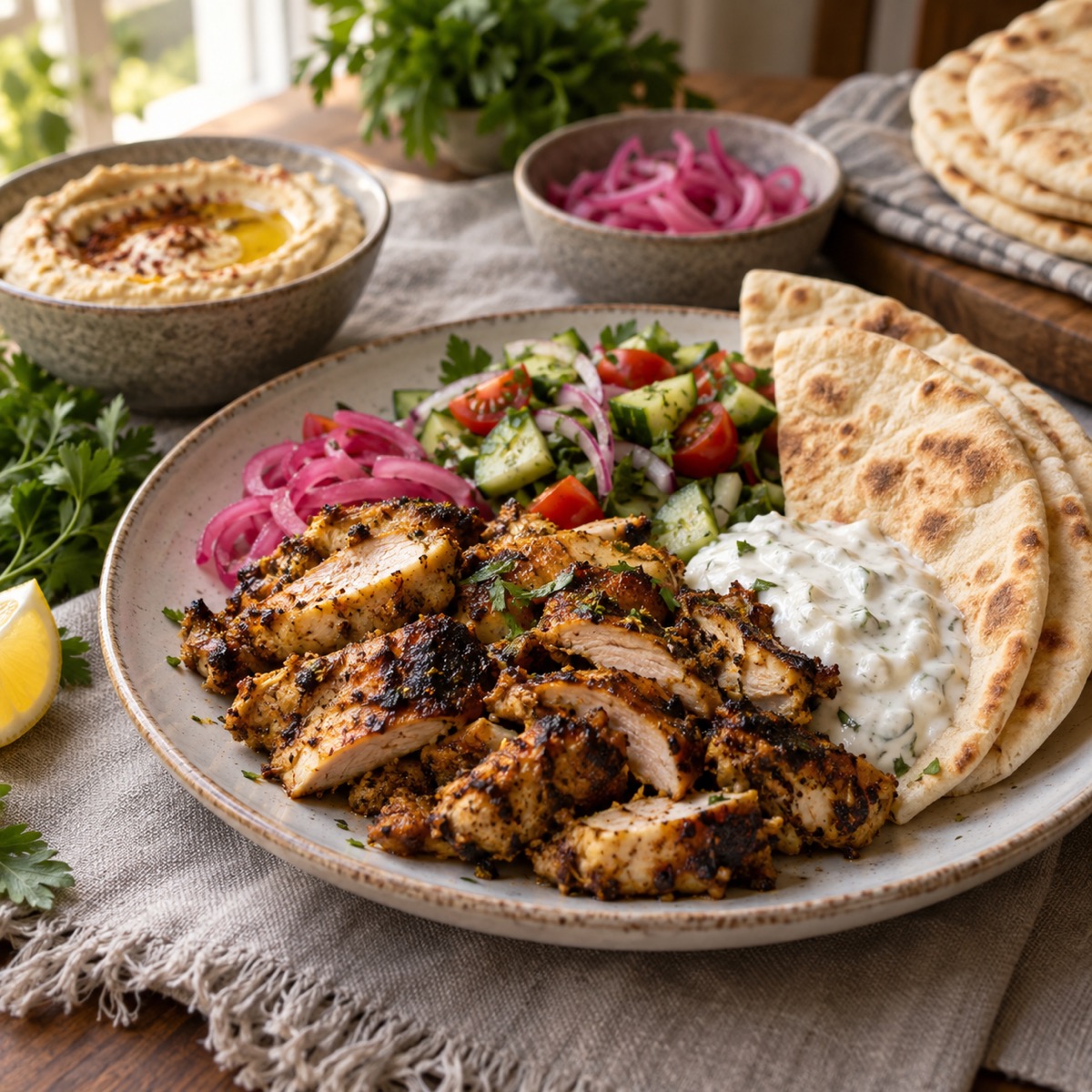 A finished serving of Chicken Thigh Shawarma Pita Bar