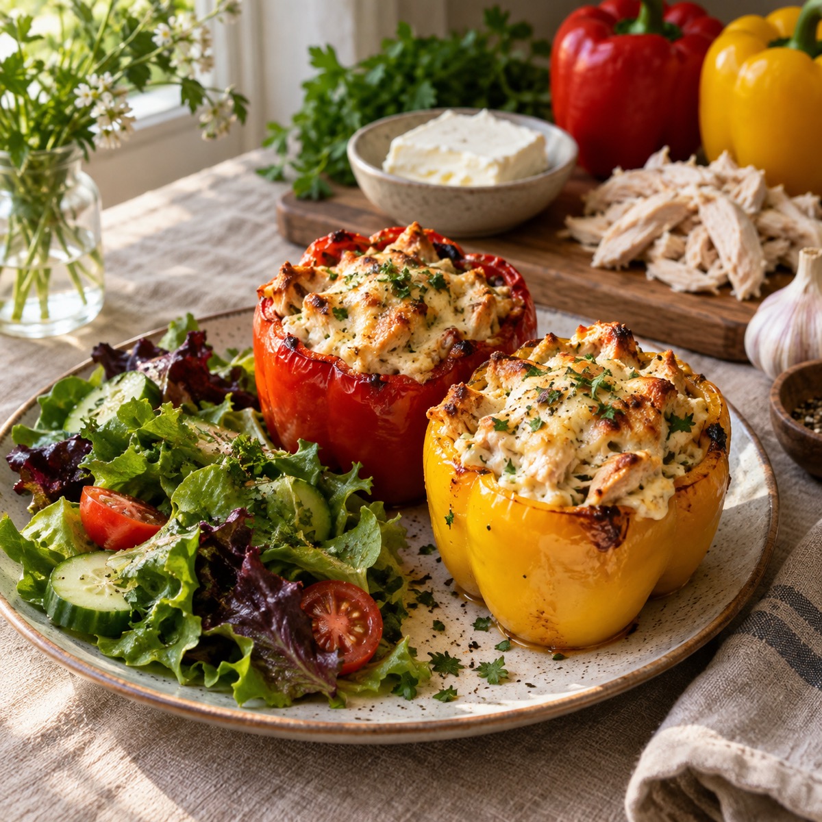 A finished serving of Cream Cheese Chicken Stuffed Peppers