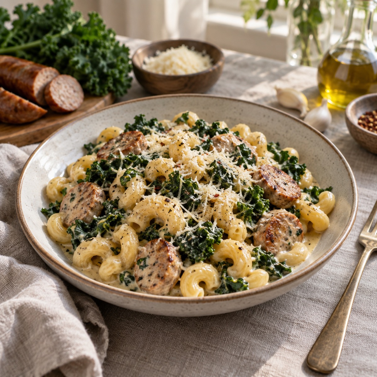 A finished serving of Creamy Chicken Sausage and Kale Cavatappi