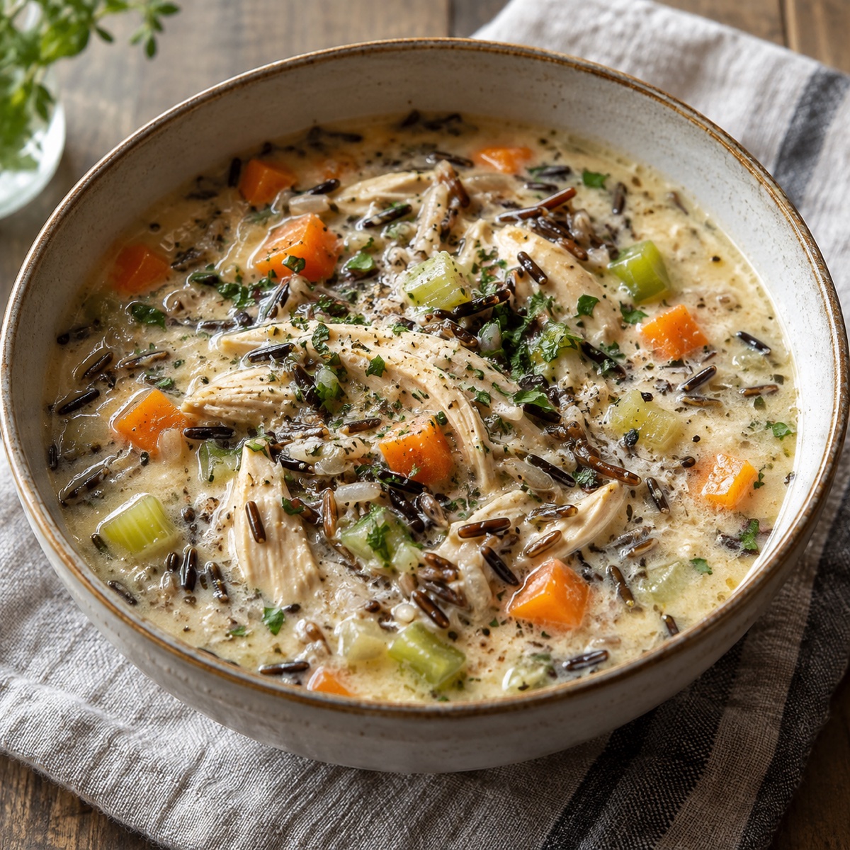 Creamy chicken and wild rice soup with carrots, celery, and herbs