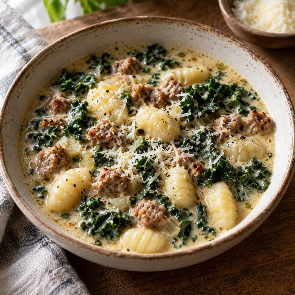 Creamy soup with Italian sausage, potato gnocchi, kale, and Parmesan