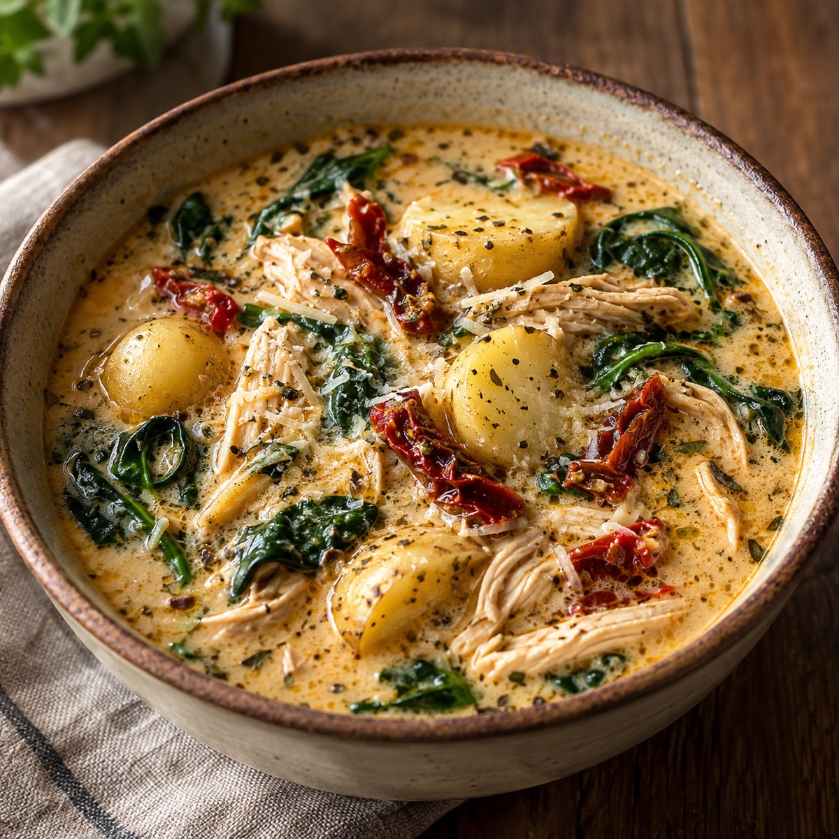 Creamy Tuscan chicken soup with potatoes, sun-dried tomatoes, spinach, and Parmesan