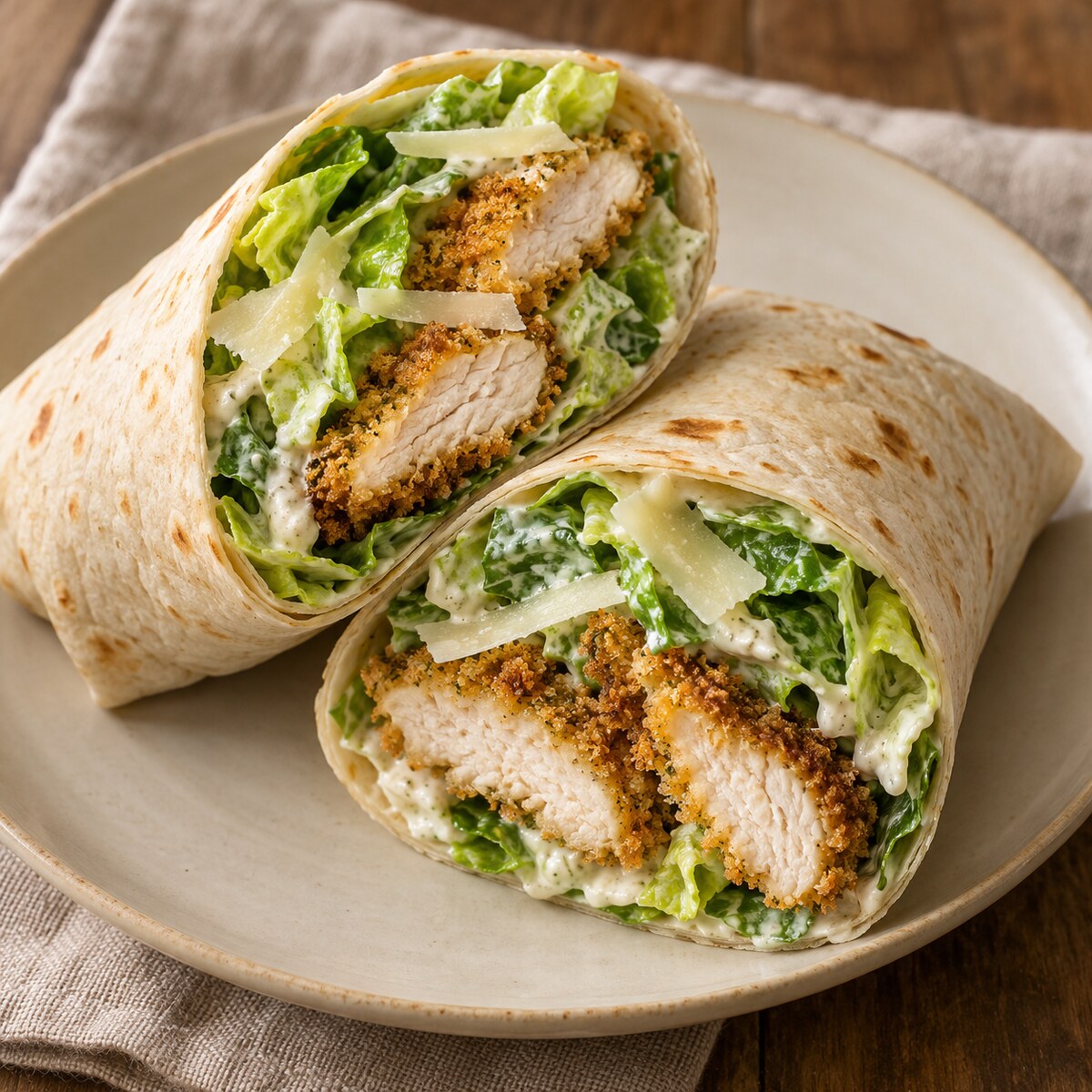 Crispy chicken Caesar wraps with golden breaded chicken, romaine, and shaved Parmesan