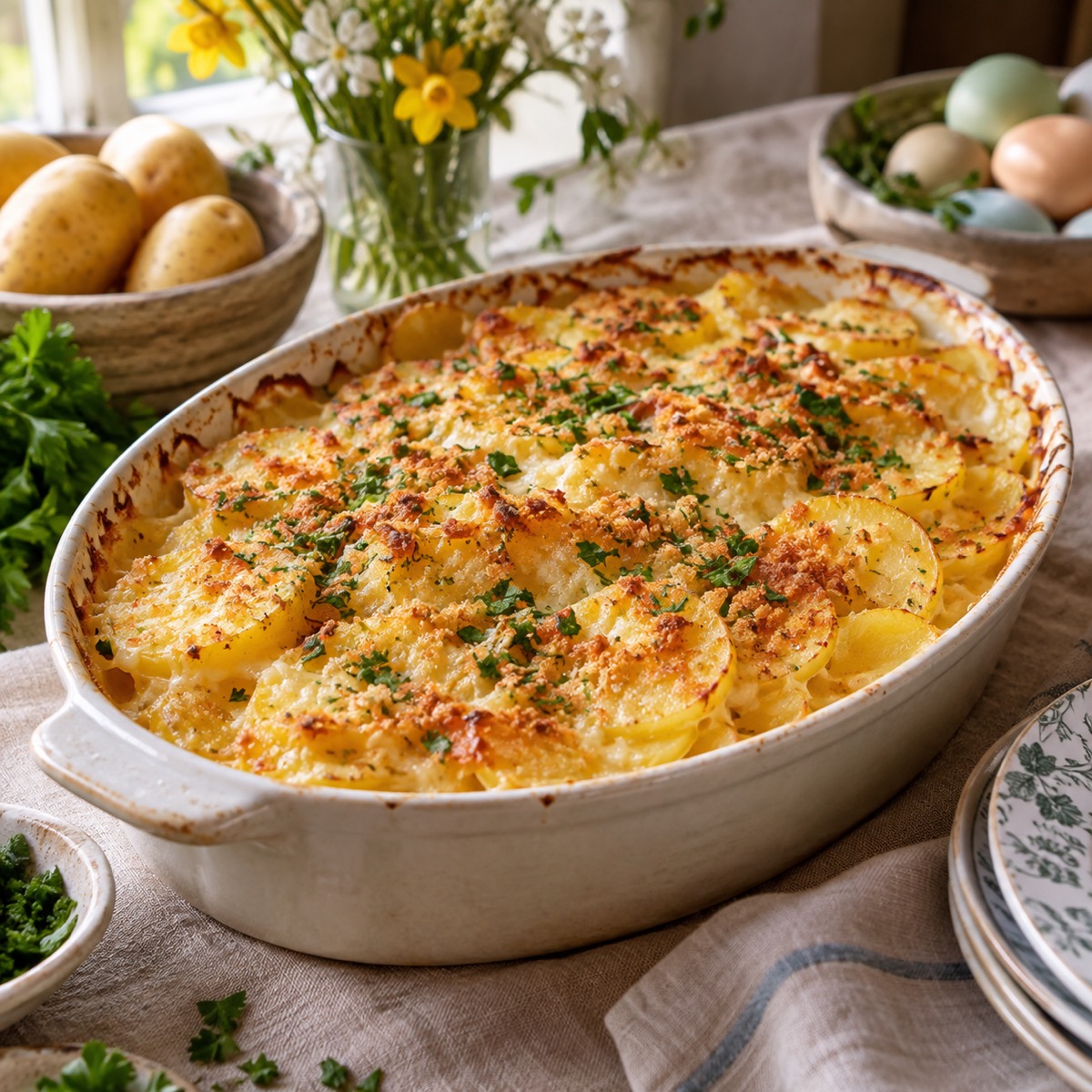 A finished serving of Easter Yellow Potato Casserole