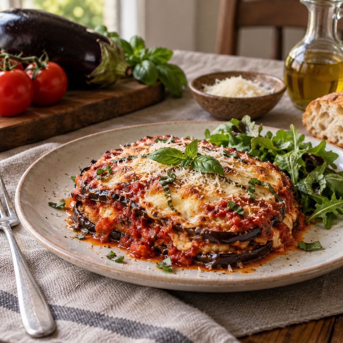 A finished serving of Eggplant Parmigiana
