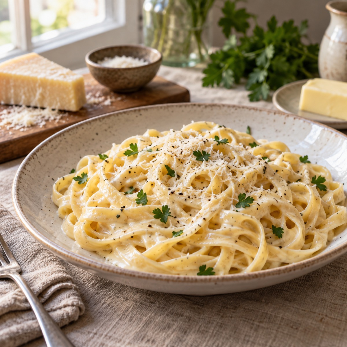A finished serving of Fettuccini Alfredo