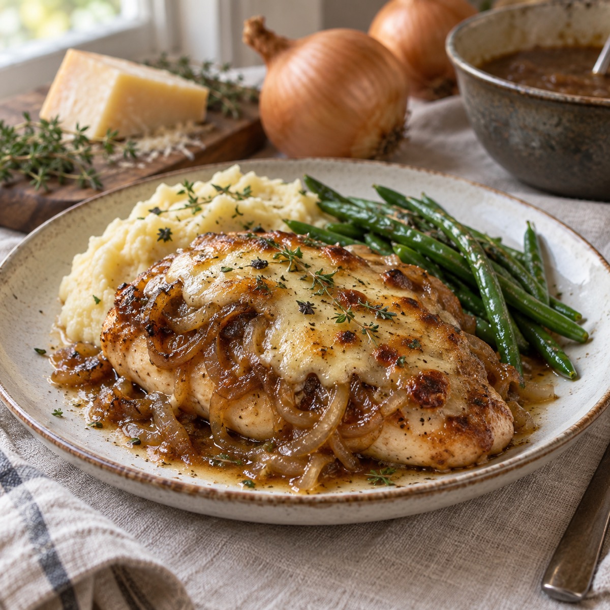 A finished serving of French Onion Chicken Breasts