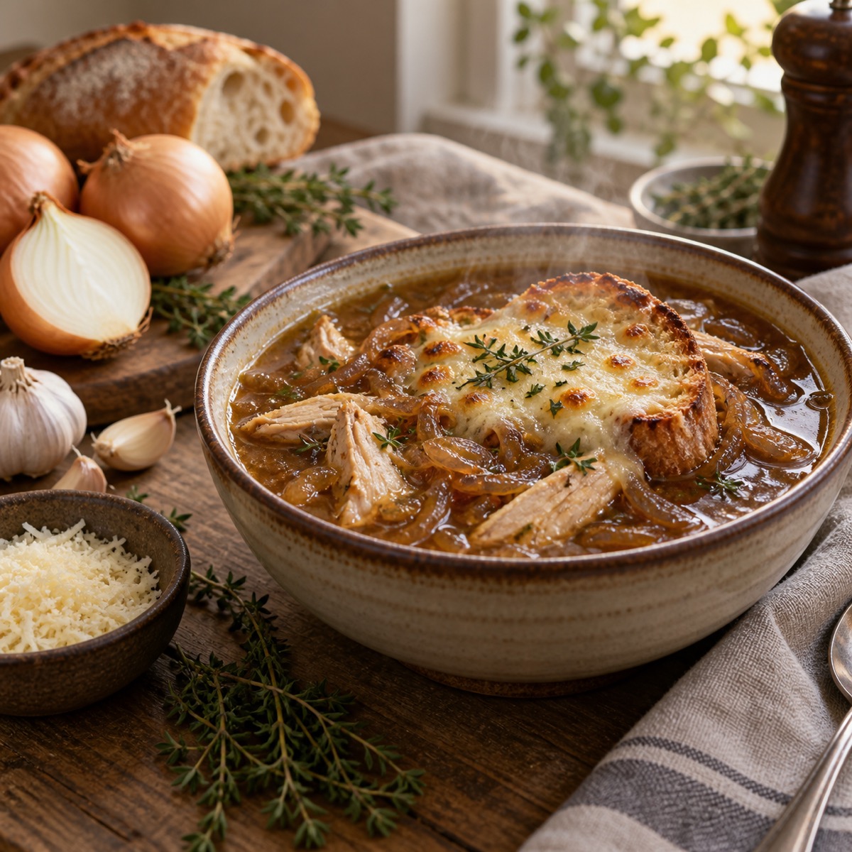 A finished serving of French Onion Chicken Soup