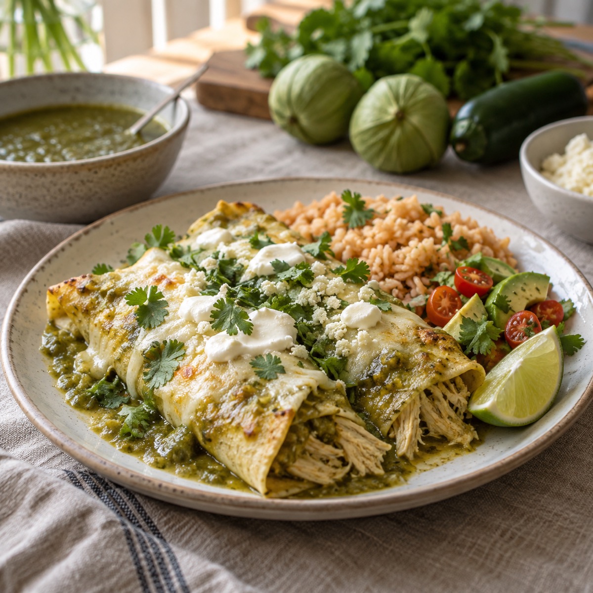A finished serving of Green Chicken Enchiladas