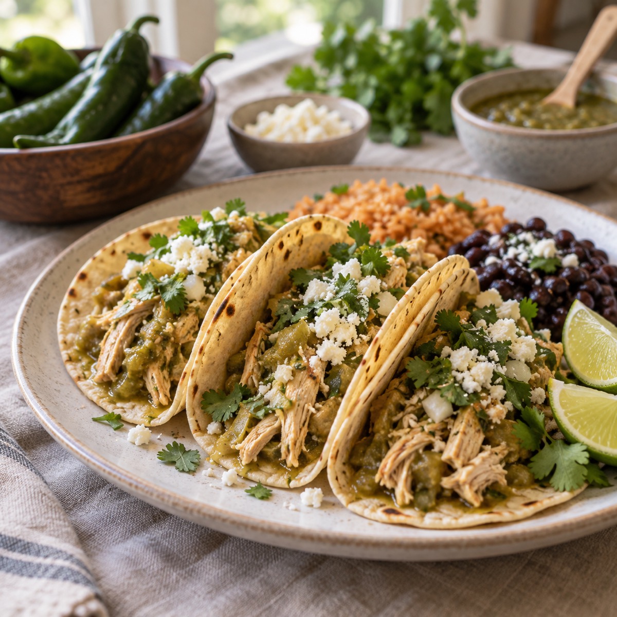 A finished serving of Green Chile Chicken Tacos