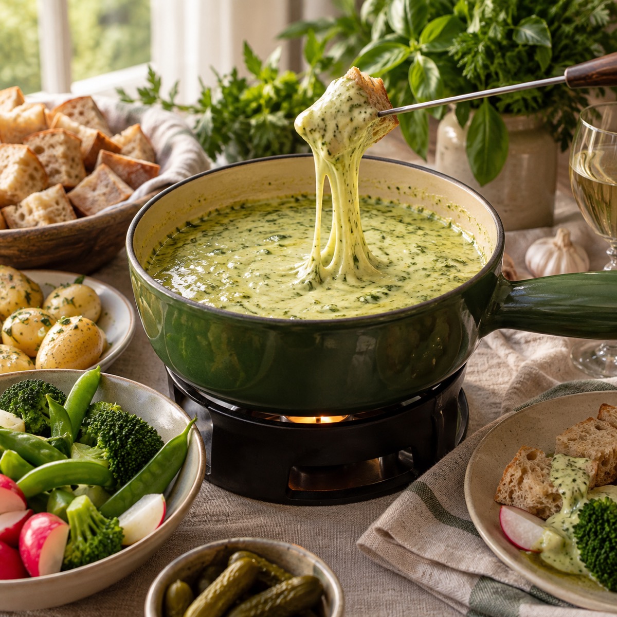 A finished serving of Garlic-Herb Cheese Fondue