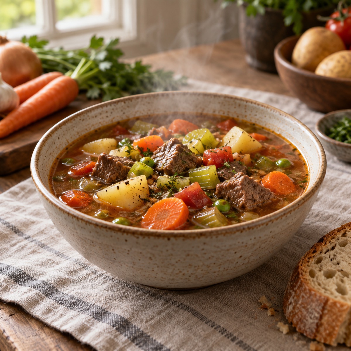 A finished serving of Grandma's Beef Stew