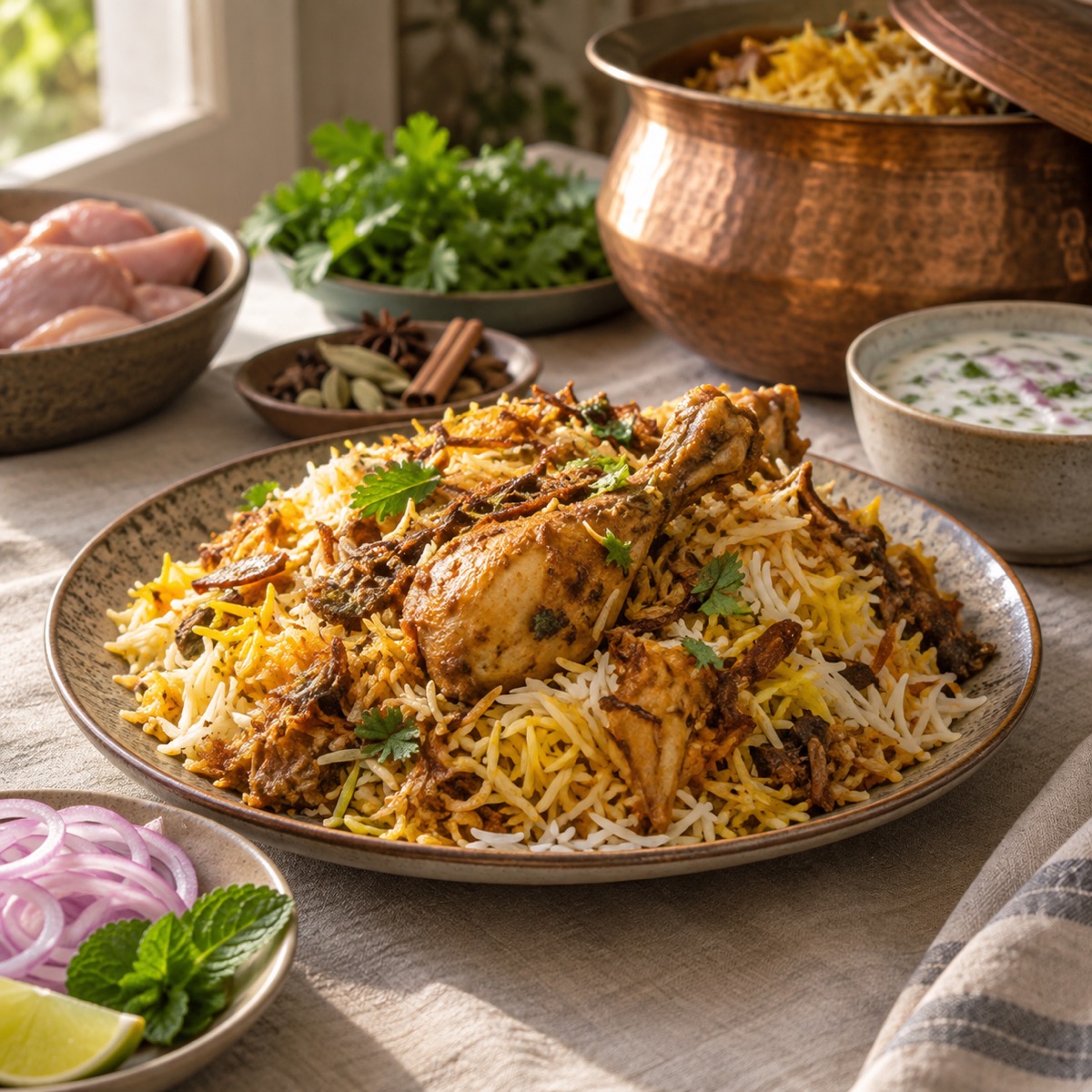 A finished serving of Hyderabadi Chicken Dum Biryani