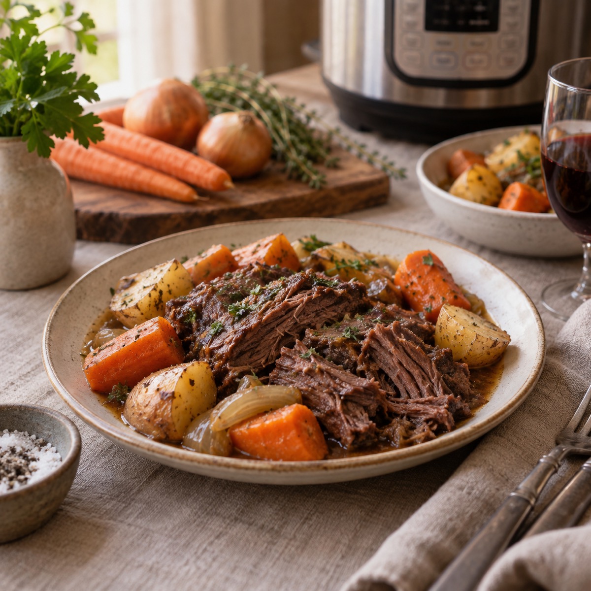 A finished serving of Pressure-Cooker Pot Roast