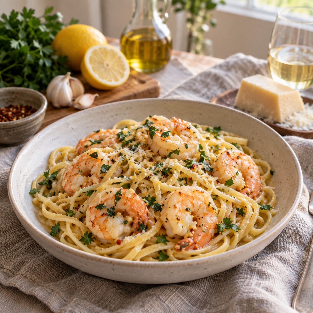 A finished serving of Pressure-Cooker Shrimp Scampi Pasta