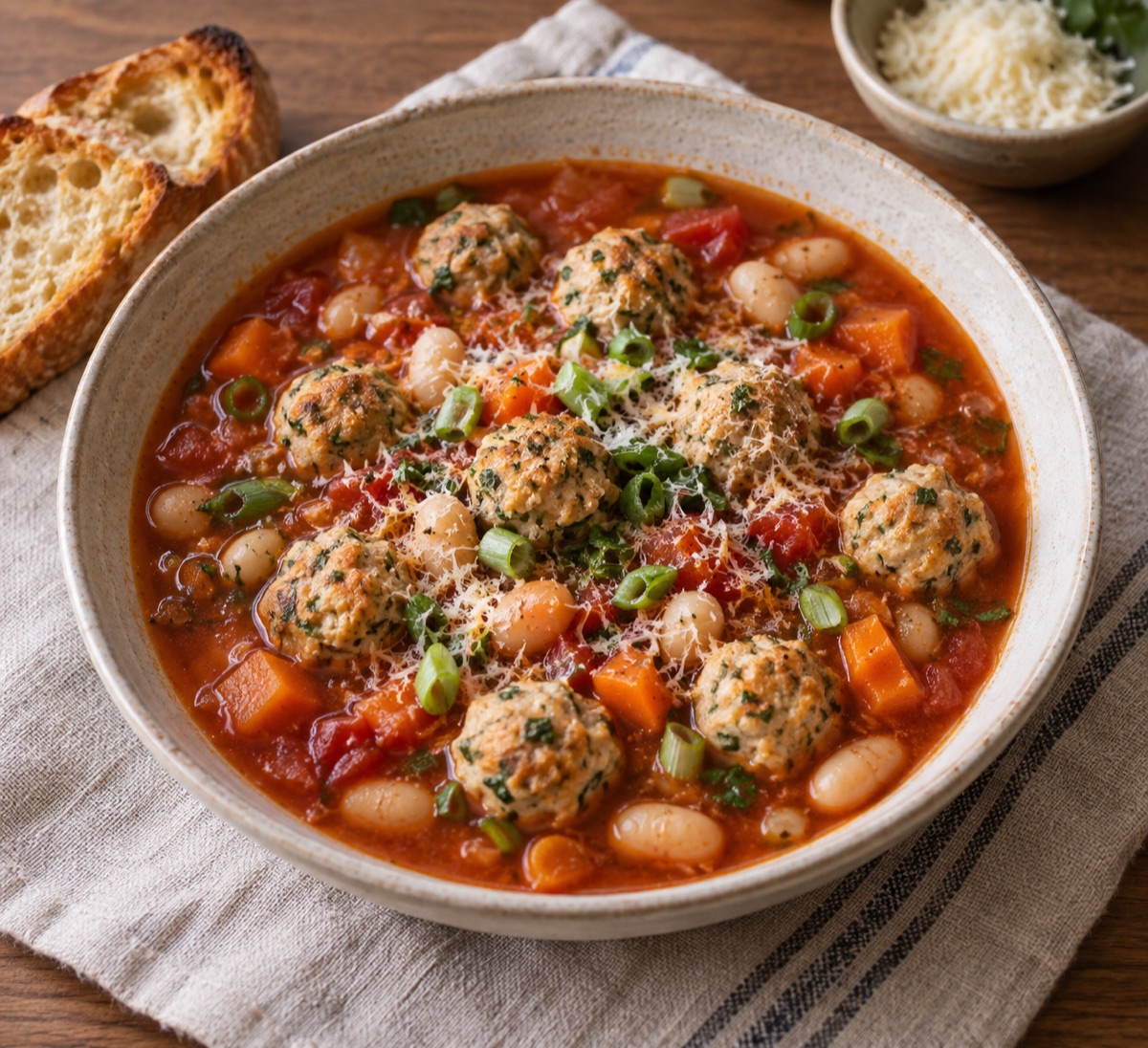 Tomato-and-bean soup with mini chicken meatballs, carrots, scallions, Parmesan, and toasted baguette