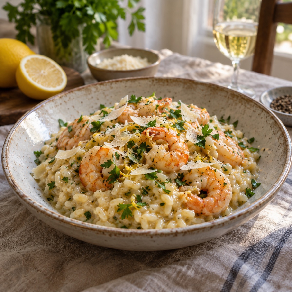 A finished serving of Shrimp and Tomato Risotto